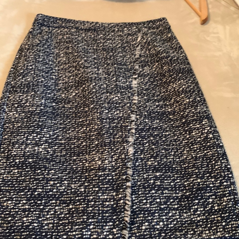 JCrew midi length navy wool skirt with slight metallic thread woven through it.